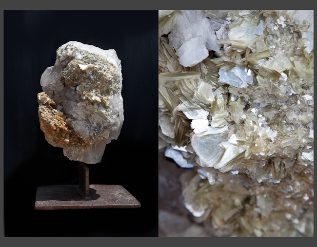Muscovite, mica, and clevelandite on iron stand. Brazil 