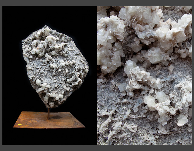 Clear apophyllite and pink stilbite on a web-like matrix of druze chalcedony. India 