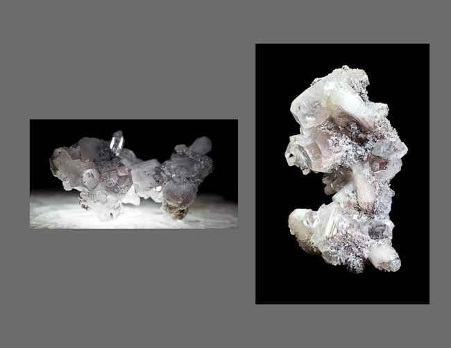 Clear apophyllite with white/peach stilbite. India 