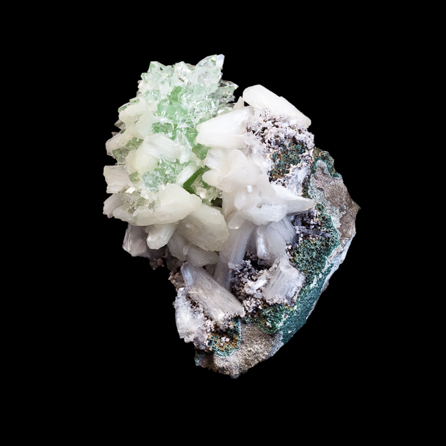 Gem green apophyllite with stilbite on chalcedony and basalt matrix.  India