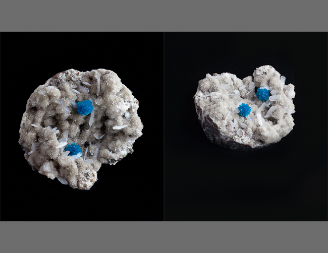 Blue cavansite clusters with white stilbite on matrix. India 