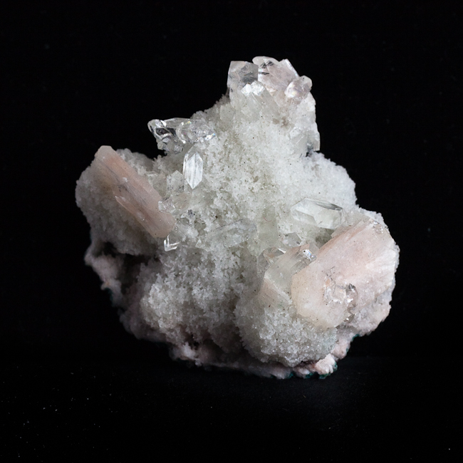 Water clear apophyllite with pink stilbite.  India