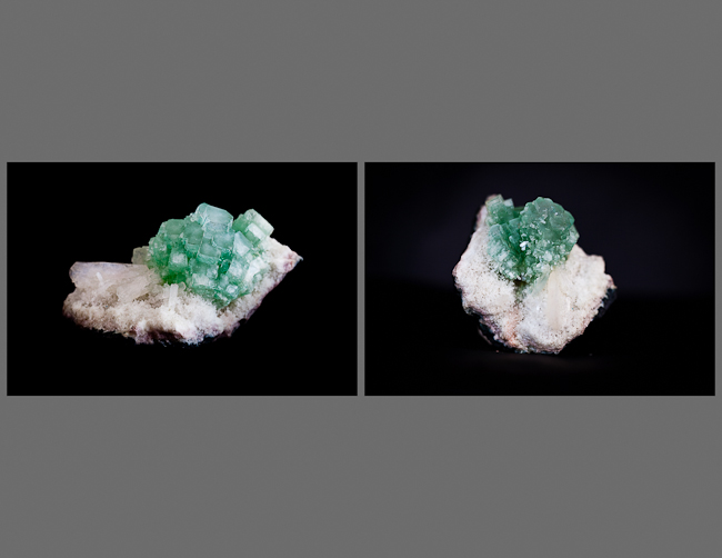 Green fluorapophyllite cluster on druze chalcedony. India 
